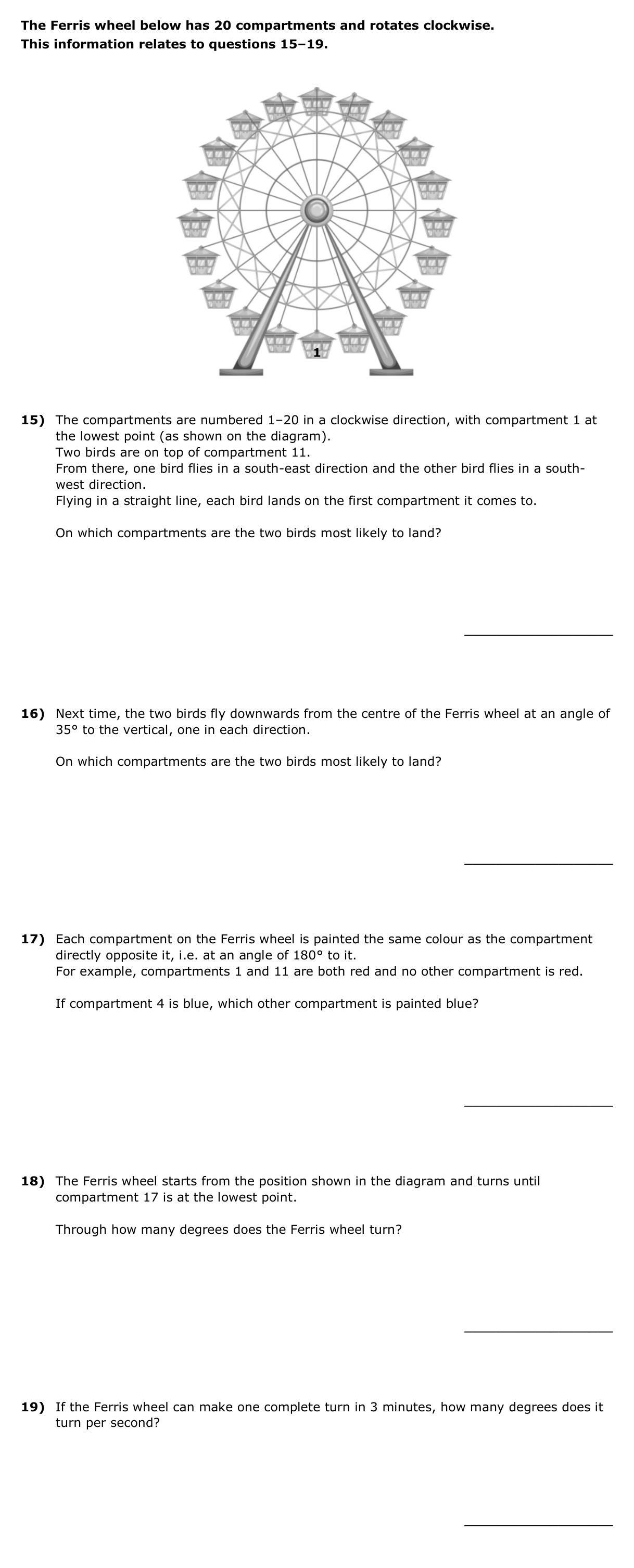 Ferris wheel diagram and questions 15 to 19, cropped from the source PDF and stitched into one continuous image